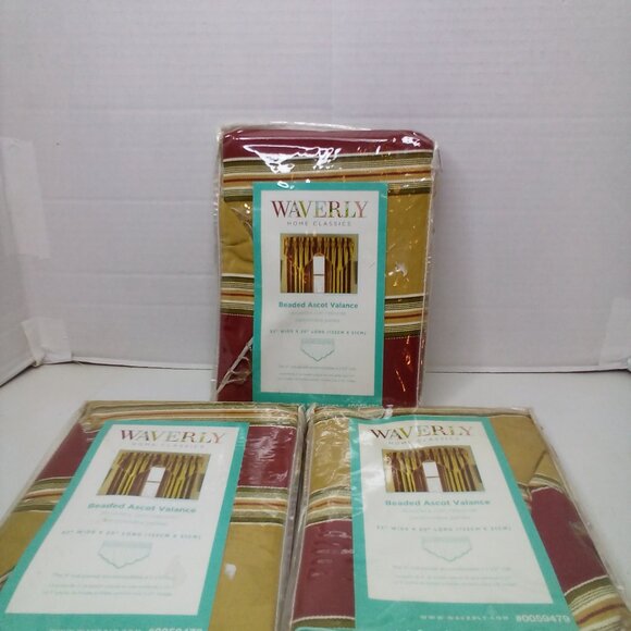 Waverly Home Classics Beaded Ascot Valance 52" x 20" Lot of 3 Gold Red Fringe - Picture 2 of 11